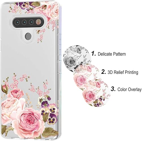 Miniatura 6 de Funda de teléfono para LG K51 (versión 2020), para LG K51 funda para niñas, delgada, a prueba de golpes, con patrón floral transparente, suave,