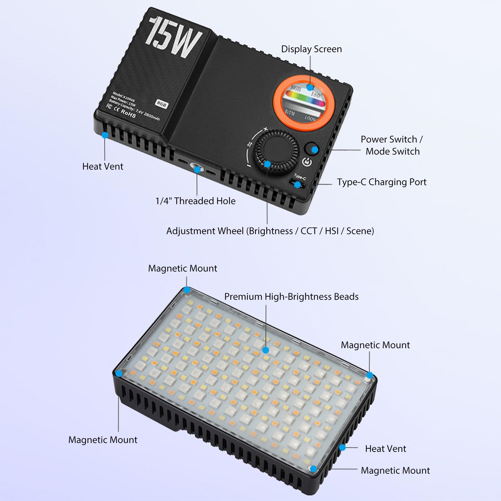 Fockety Luz de Vídeo RGB, 15 W, Luz de Cámara LED Regulable de 1800 K a 9000 K, Luces de Relleno de Plástico Recargables de 2600 MAh con 168 Luces para Fotografía, Vlogging