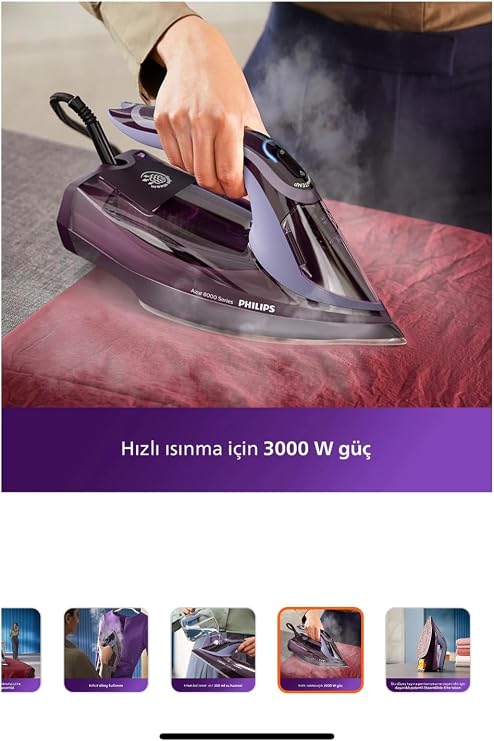 Philips 8000 Series Azur Steam Iron - 3000W, OptimalTEMP Technology, 55g/min Continuous Steam, Zero Burn Risk, 300ml Water Chamber (DST8021/30)