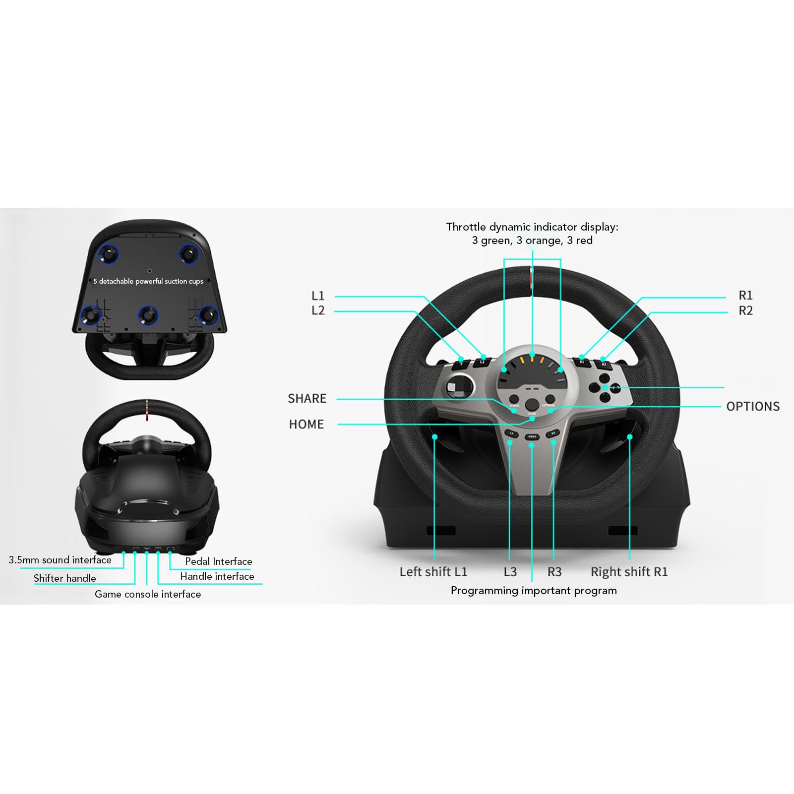 Cuifati Juego de Volante de Carreras de 270° con Pedales Hall y Paletas de para Simulador de Conducción de Juegos de PC