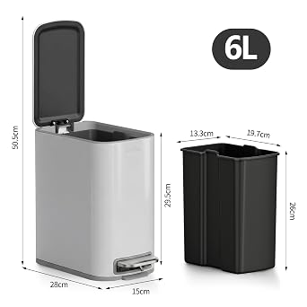 mVm Bathroom Pedal Bin, 6L Small Slim Stainless Steel Trash Can with Lid & Removable Inner Bucket, Fingerprint-Proof Compact Waste Bin for Bathroom, Bedroom & Office (2, Grey, 6L+30L)