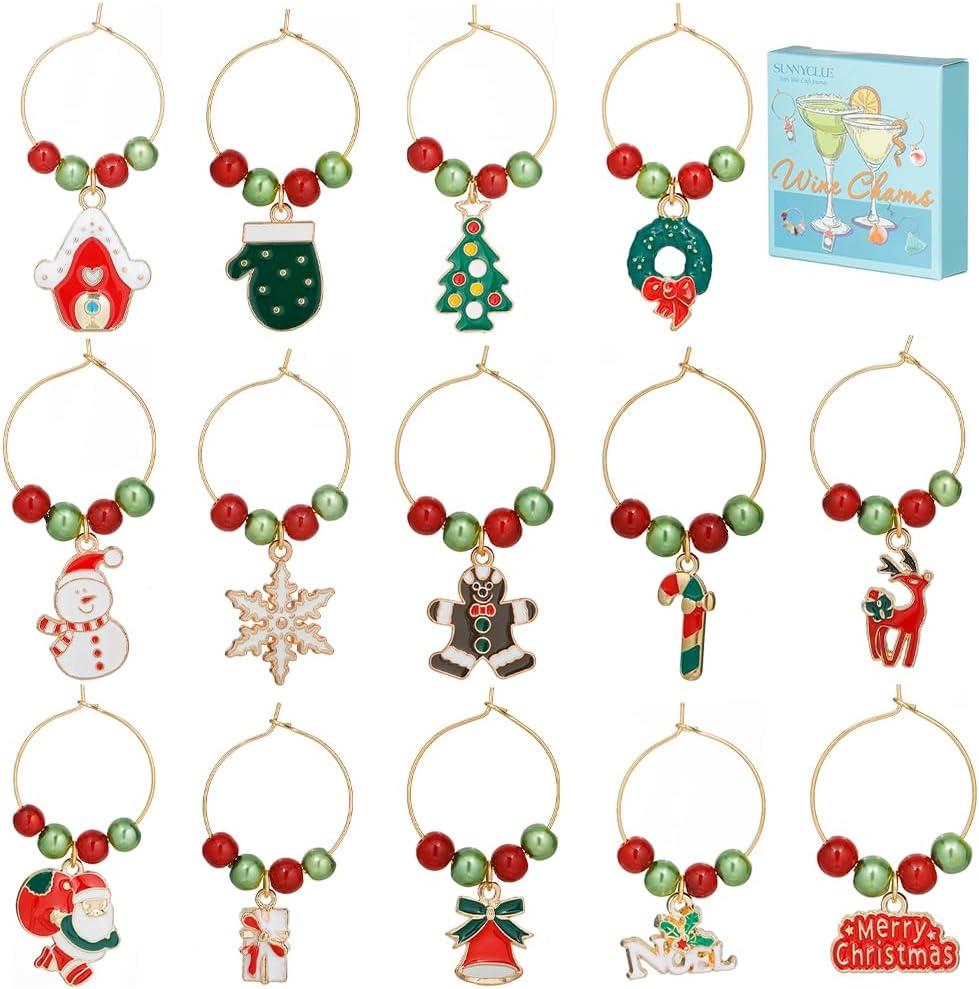 SUNNYCLUE 1 Box 14Sets Christmas Wine Glass Charms Red Green Beads Beading Hoops Xmas Enamel Charms Assorted Wine Glass Markers Charm Rings Identification for Wine Tasting Party Decoration Supplies