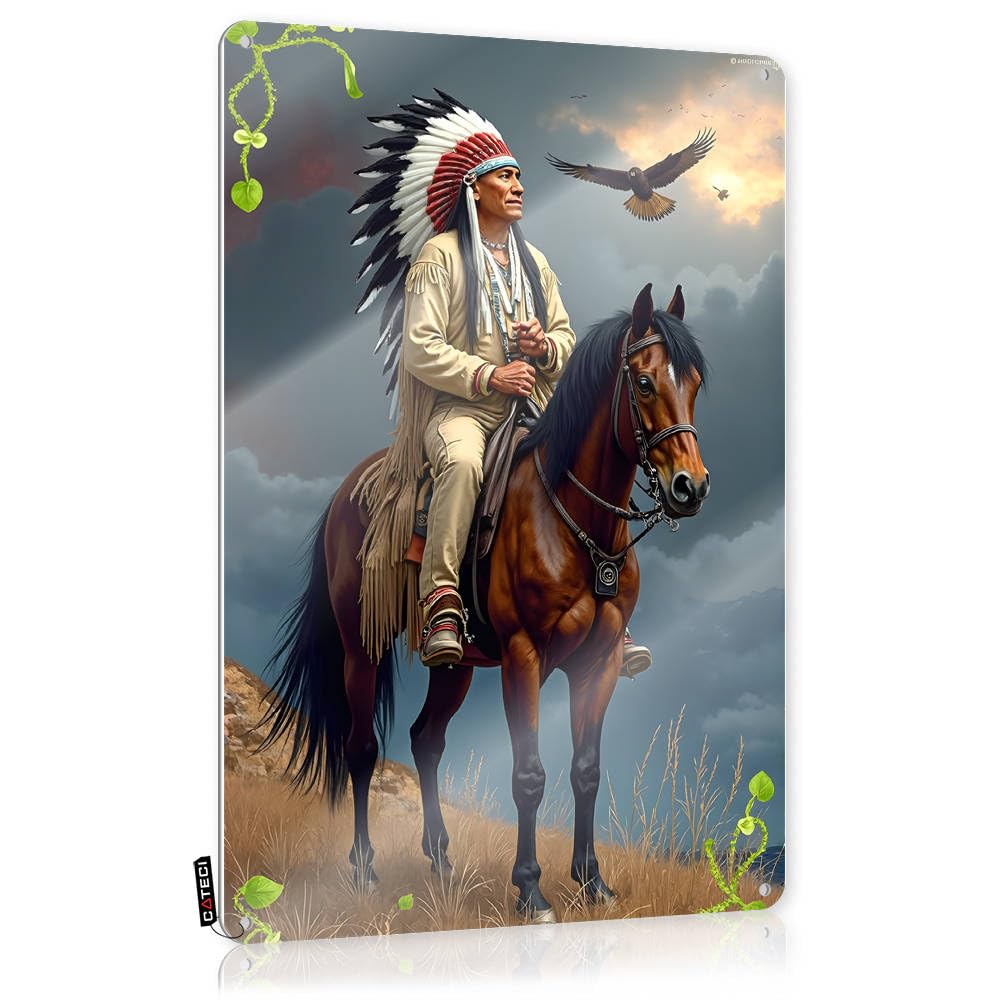 Fzfn Colour Life Art Rustic Designer | Native American Warrior On Horseback With Eagle Aesthetic Metal Wall Decor For Basement Bar Home(20X30cm)