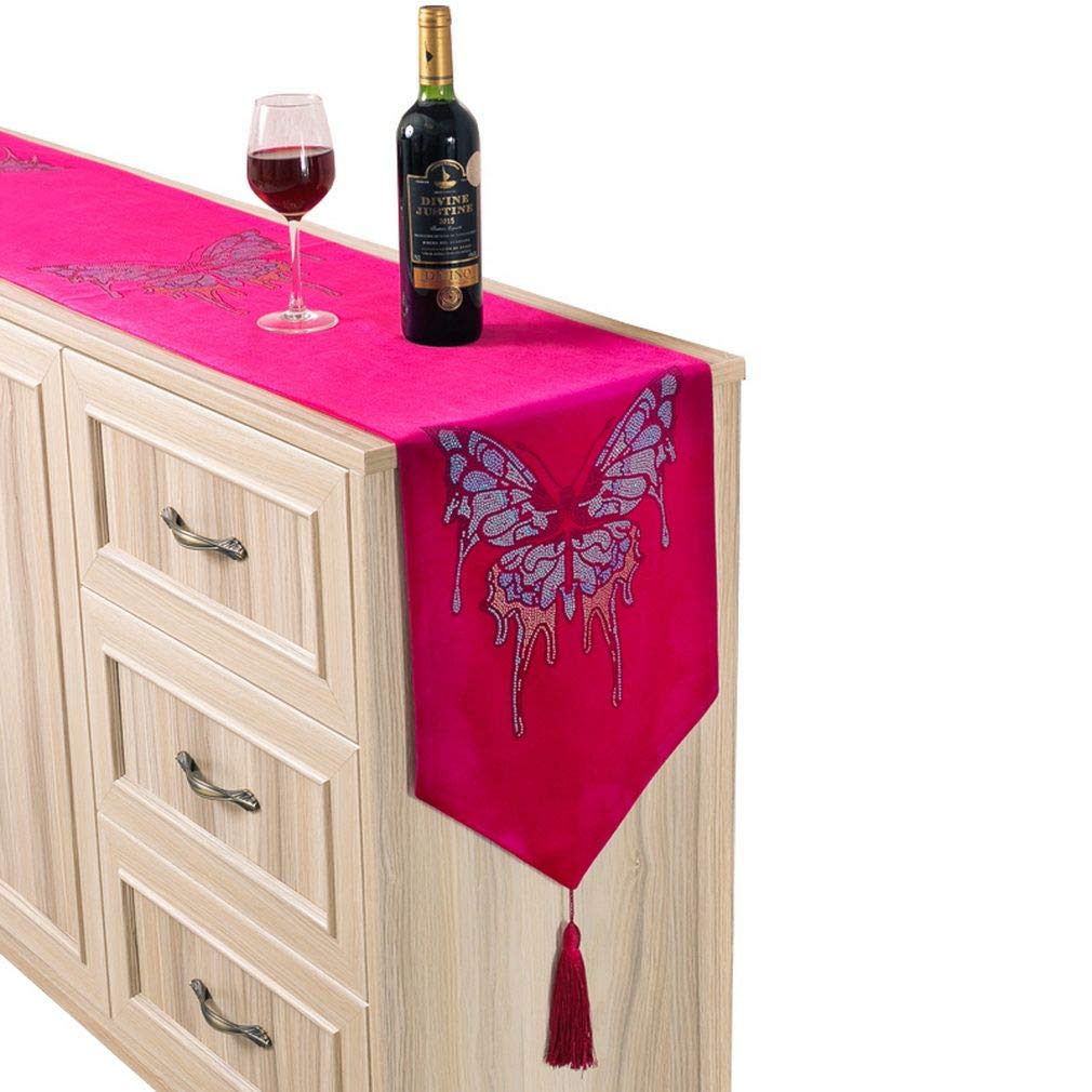 Chemin de table velours moderne rose vif nappe strass papillon