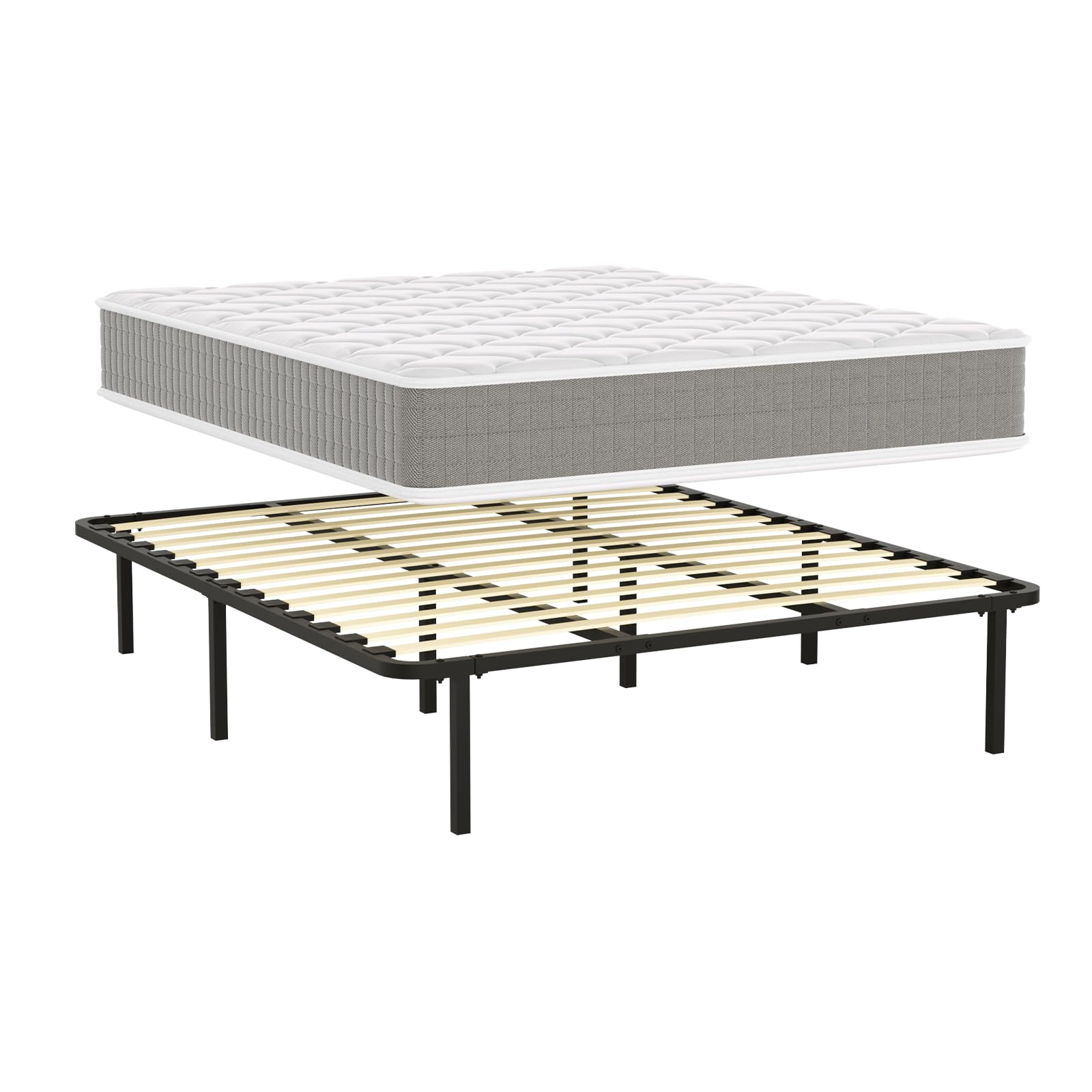 DEWINNER Materasso a Memoria 25cm + Rete a Doghe 160x190cm, Alto 35cm, con 8 piedi, 13 doghe, Facile da montare, Ortopedico, Antiacaro, Grigio，Letto Matrimoniale