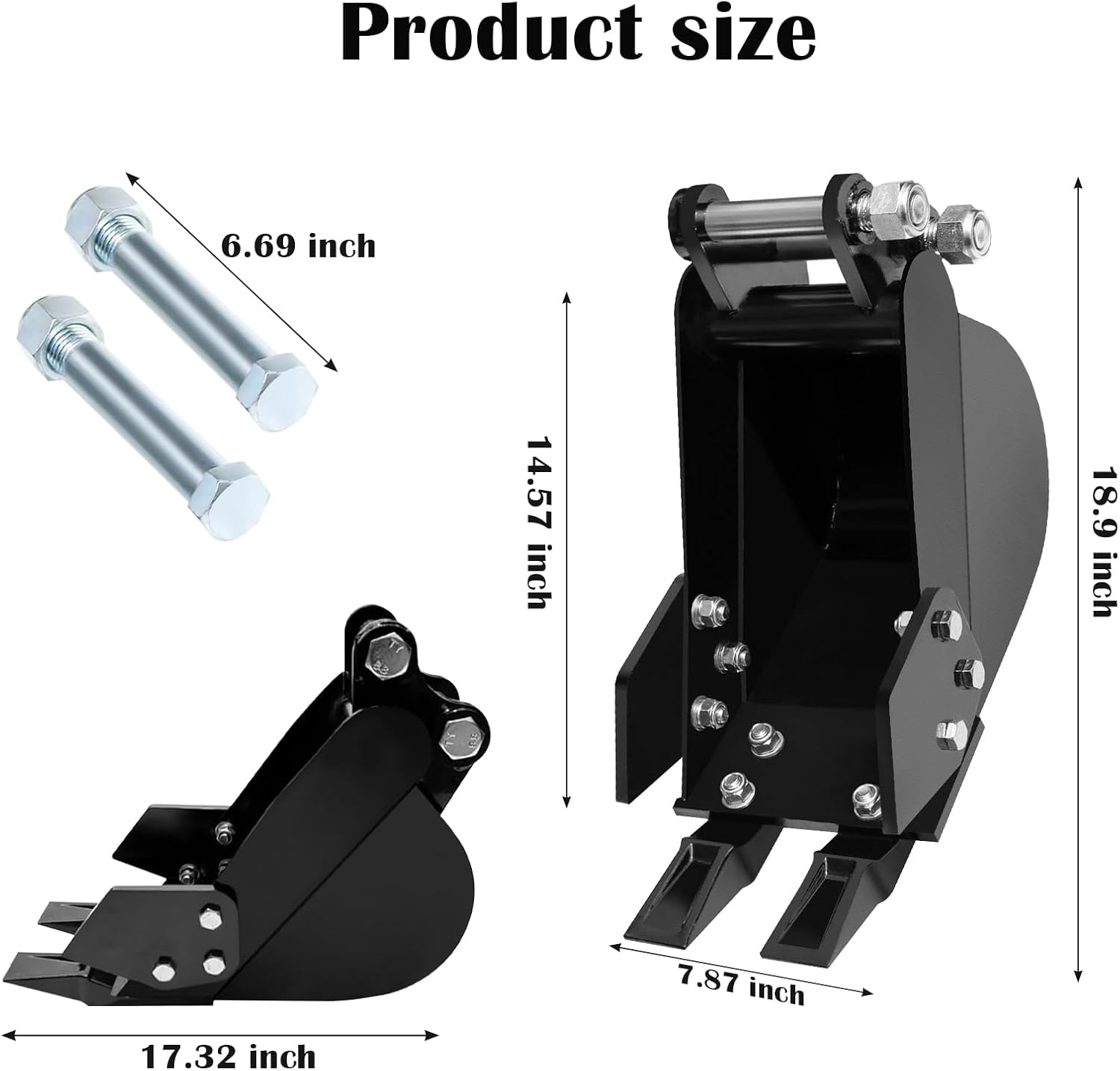 7.87 Inch (200mm) Excavator Bucket Attachment With Teeth - Fits Mini Excavators, Pin Hole Diameter 0.98", Center Wheelbase 3.54"