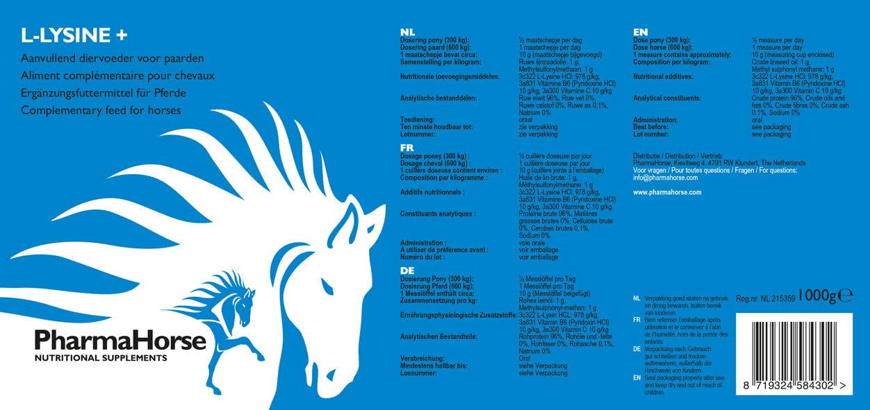 PharmaHorse L-Lysin+ | Immunsystem | Abwehrzellen | Müdigkeit | 100% Dopingfrei | 1000 Gramm