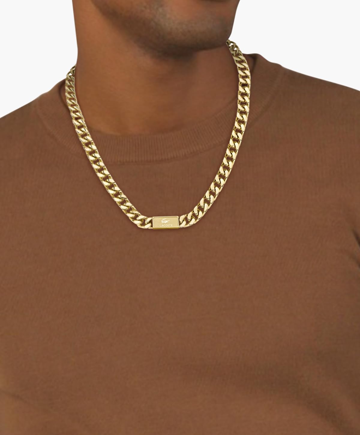 Lacoste Collar de cadena colección BACKHAND para hombre en oro amarillo con placa grabada, modelo 2040434
