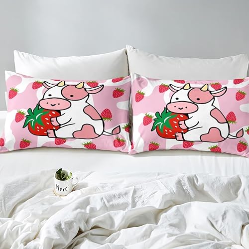 Miniatura 4 de Feelyou Juego de funda de edredón de vaca lechera, rosa y blanco, con estampado de fresa, vaca, para niños, adultos, kawaii, niñas, funda de edredón