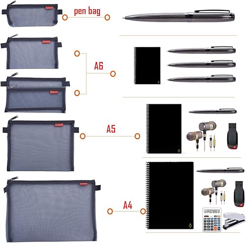 Miniatura 7 de Pendancy Paquete de bolsa de malla con cremallera, 5 carpetas de archivos de nailon ligeras de tamaño A4 + tamaño A4 grande doble bolsillo