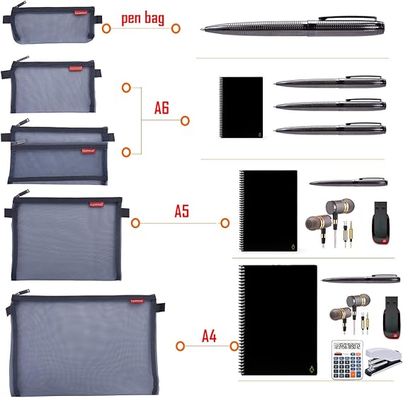 Pendancy Mesh Zipper Pouch Bundle, 5pcs Size Lightweight Nylon File Folders + A4 Size Large Double Pocket Waterproof Foldable File Bag with Handle