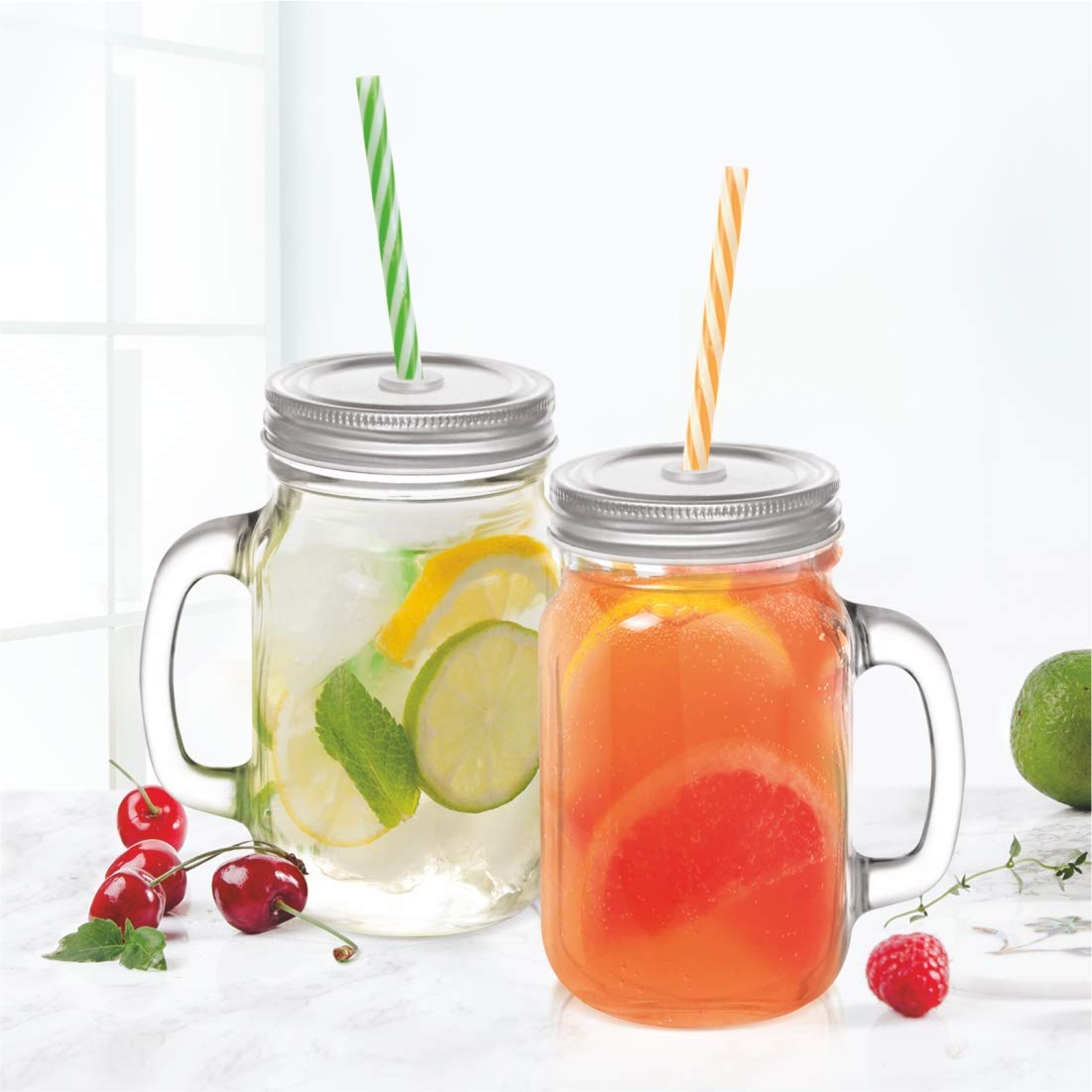VentuosK Group Glass Mason Jar with Multi-Color Air-Tight Lids with Straw Mugs with Handle, Regular Mouth for kitchen - 500 ML (Set Of 2)