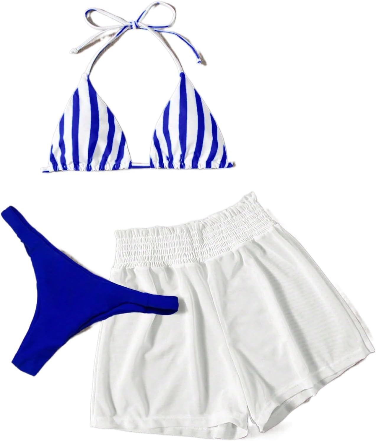 Milumia Women's 3 Piece Striped Bikini Set Halter String Triangle Swimsuit with Cover Up Shorts