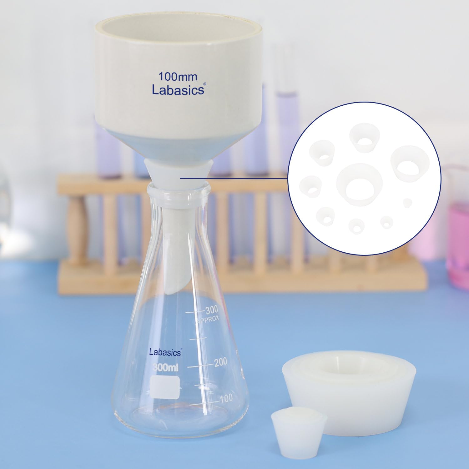 Labasics Coni Adattatori per Filtri, Collare Affusolato Resistente Tappo in Silicone Coni per Fiaschette a Imbuto Buchner Set di Adattatori, Resistenza all'Usura Superficie Liscia, Confezione da 9