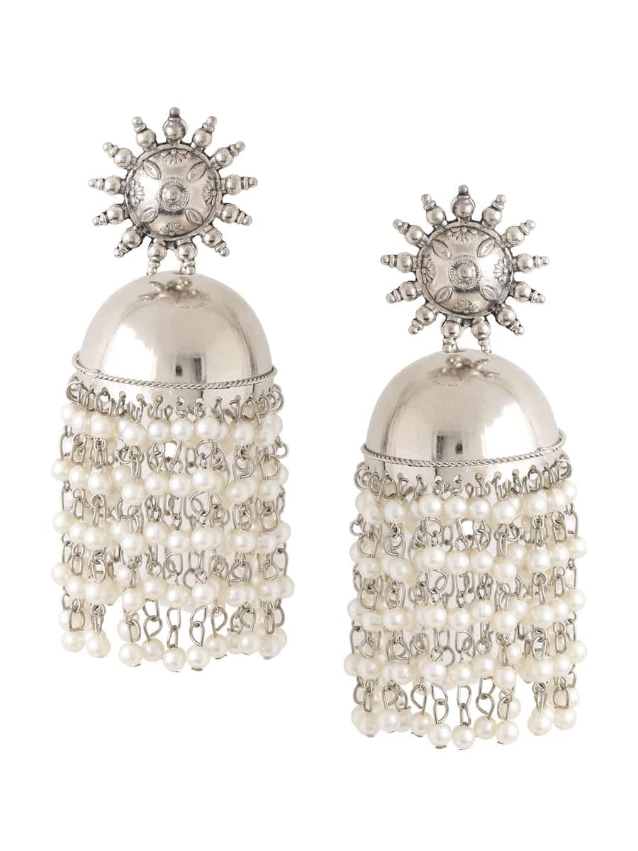 Dulcett India Oxidised Silver Traditional Earring With White Pearl Afghani Long Tassel Sun Shape Bigger Jhumka Jhumki for Women & Girls (B0B1JNN3VP) Amazon Price History, Amazon Price Tracker