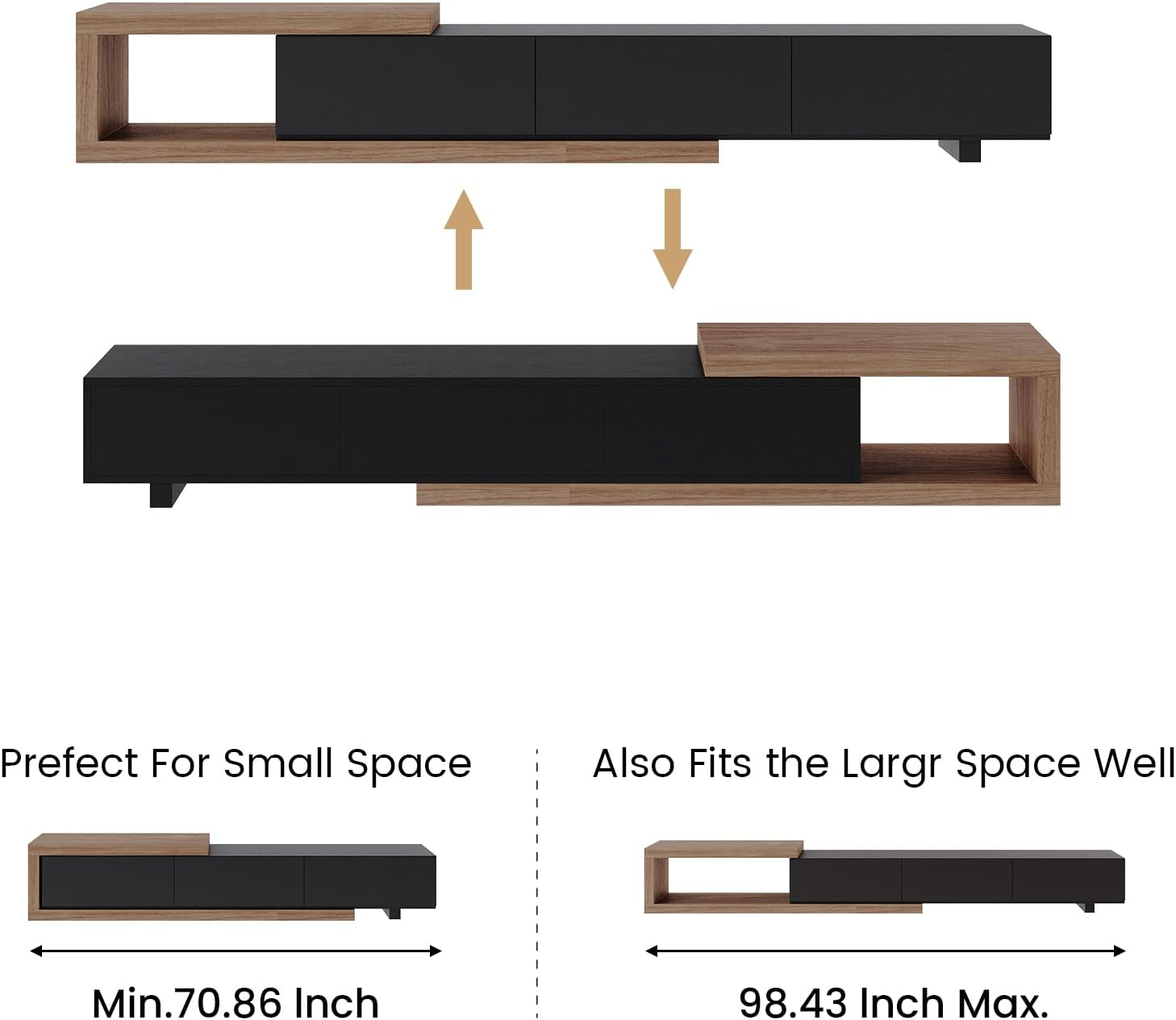 POVISON 71"-98" Extendable TV Stand with Storage Black Solid Wood TV Media Console Full Assembled 65" 75" TV Stand Modern Retractable Entertainment Center Low Walnut Wood Vennered MDF