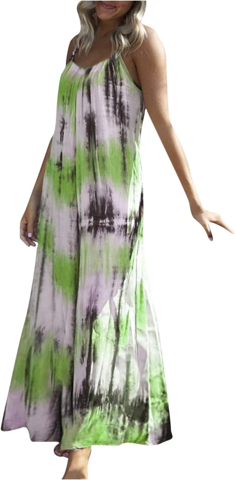 Summer Dresses for Women 2023 Spaghetti Straps Sleeveless Tie Dye Print Loose Casual Maxi Dress Long Beach Sundress