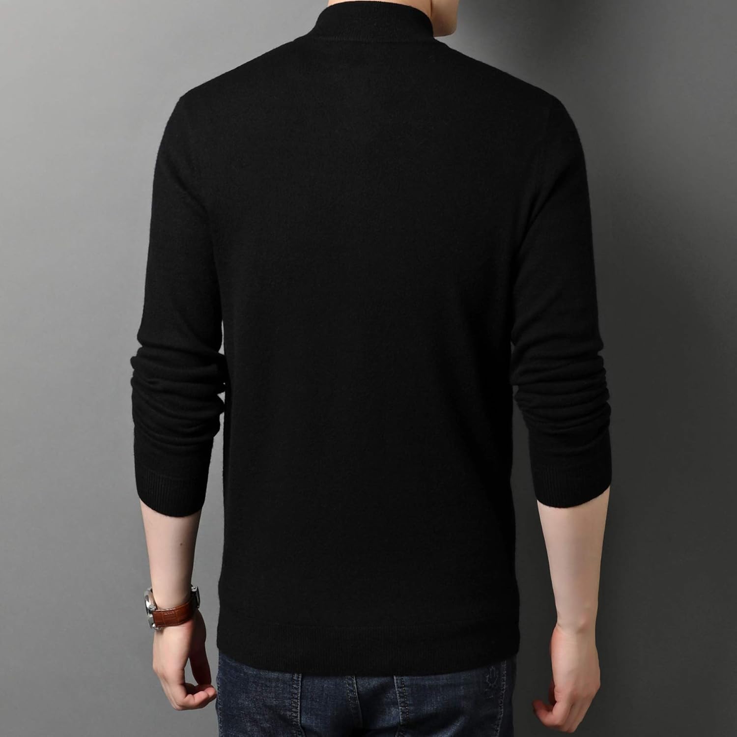 [Ningmengfeng] ニットカーディガン メンズ 100%ウール ジップアップ ハイネック トップス カジュアル ジャケット 無地 通勤 秋冬春 ブラックL