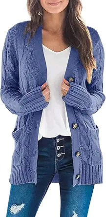 ZESICA Women's 2023 Fall Casual Long Sleeve Button Down Open Front Cable Knit Cardigan Sweater Coat