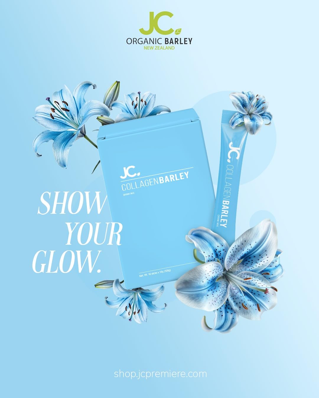 JC Collagen Peptides Powder with Barley for Women & Men - Premium Vital Proteins Collagen Peptides Powder, 10 Sticks, Organic Barley Grass, Drink Mix, from New Zealand, 32g Blue Box