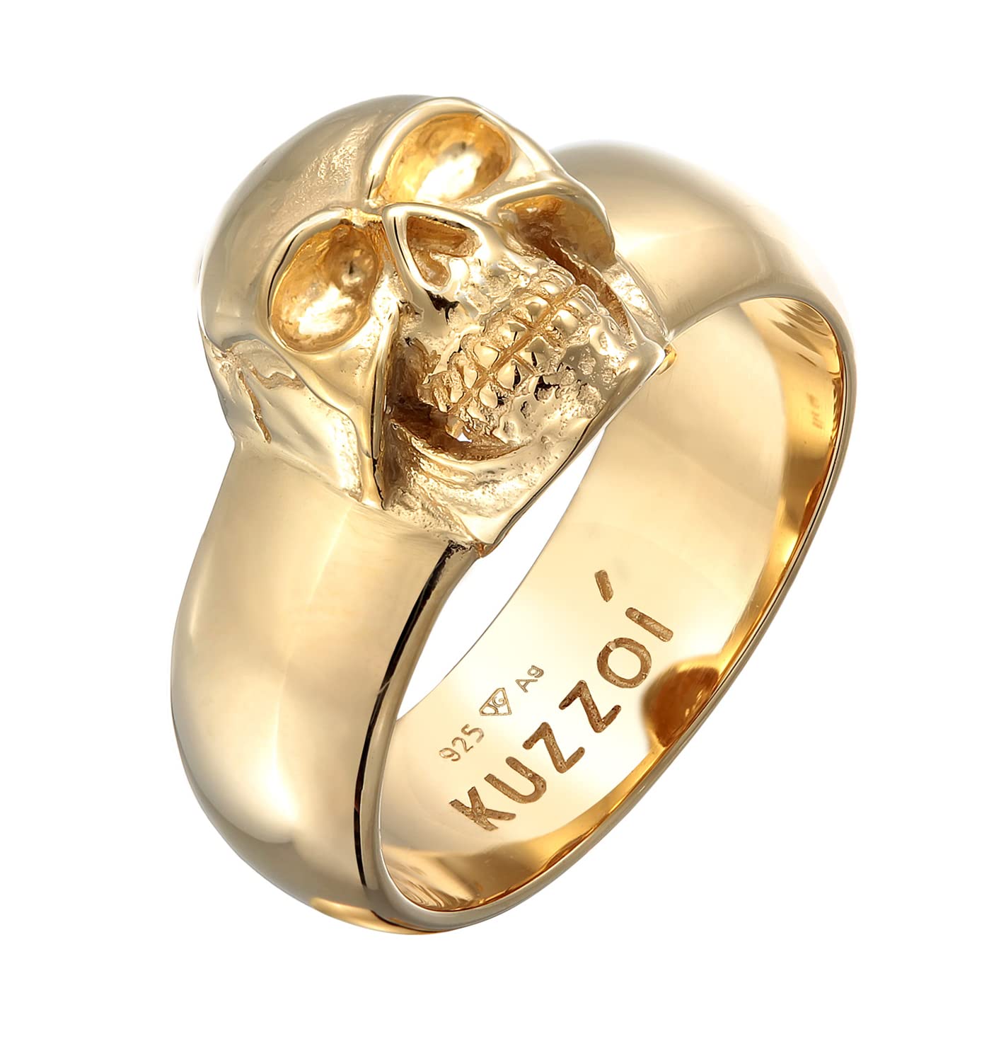 Kuzzoi Anillo para hombre de calavera maciza, 10 mm de ancho, en plata de ley 925, chapado en oro, anillo de sello para hombres en tamaño 60 – 66, 0603463023