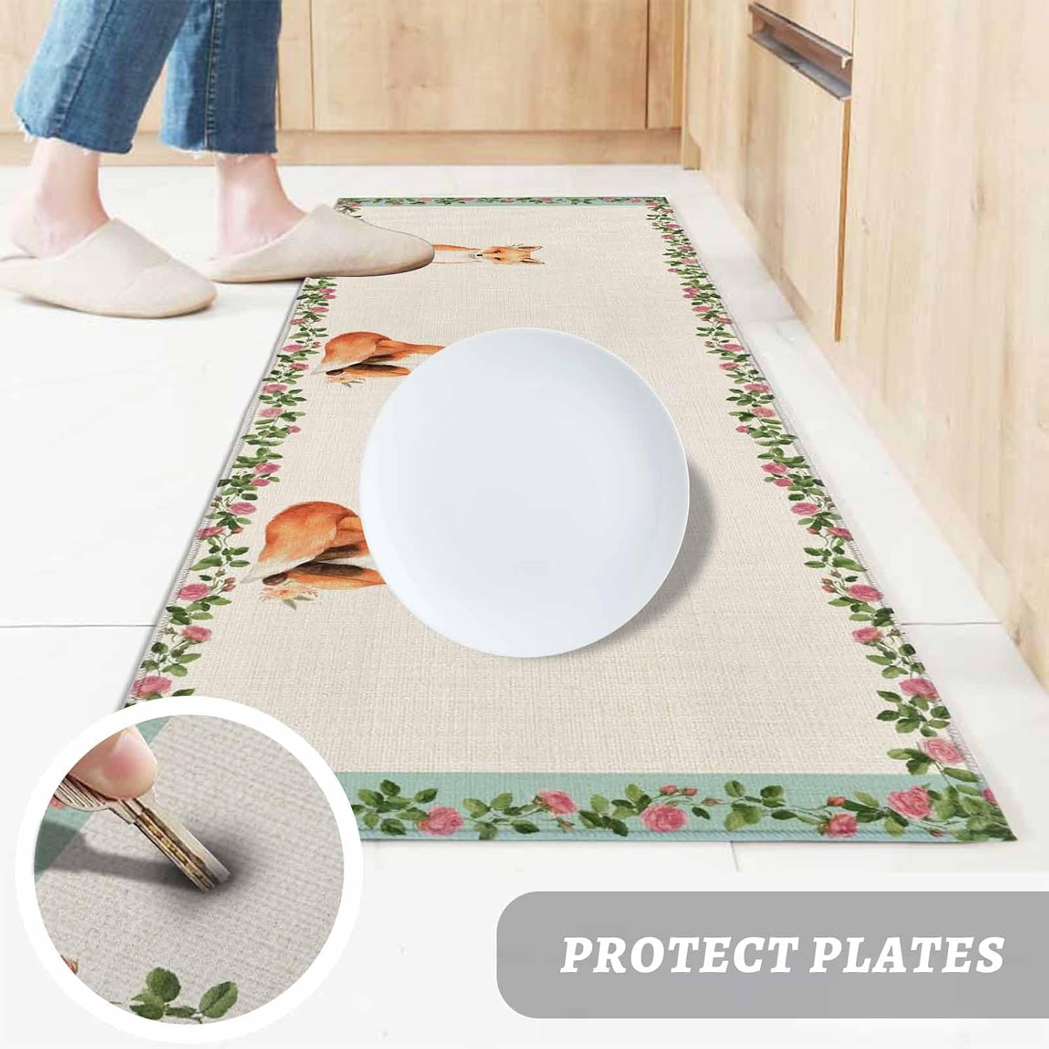 Kitchen Mats for Floor Watercolor Flower Fox on Burlap Washable Non Slip Kitchen Rugs 1PCS, Spring Floral Leaves Animal Absorbent Standing Mats for Sink Bathroom Office Living Room 23.6x70.9in