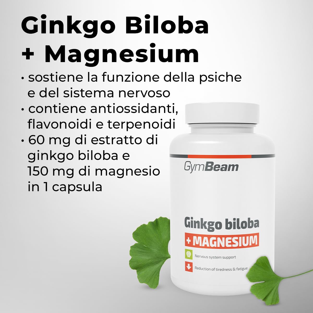 GymBeam Ginkgo Biloba e Magnesio Integratore 90 capsule, Riduce la Fatica, Aiuta la Sintesi Proteica, Implementa la Funzione della Psiche e del Sistema Nervoso - 60mg Ginkgo Biloba + 150mg Magnesio