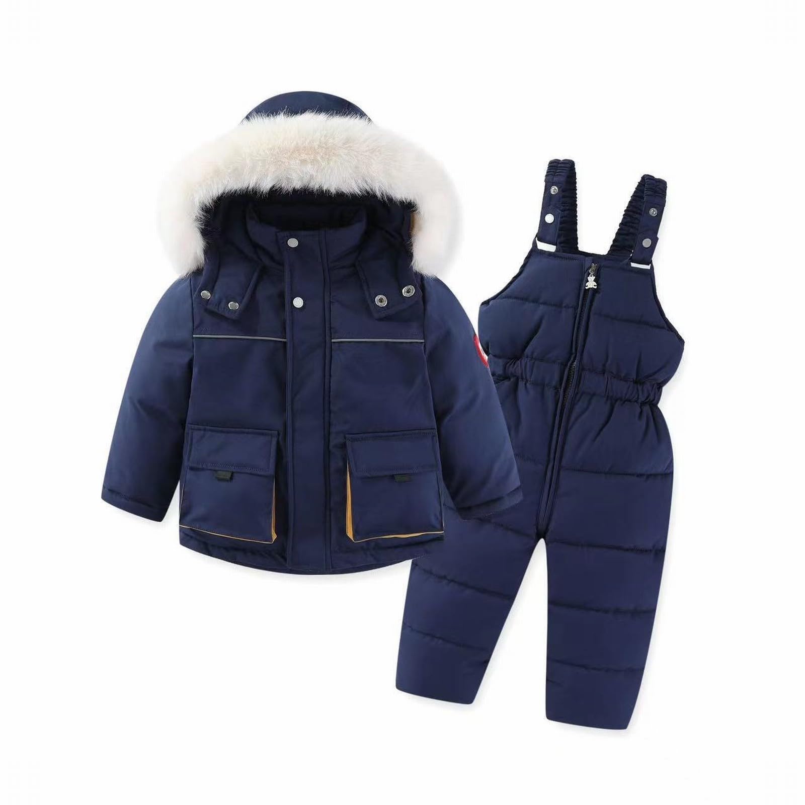 Generisch Conjunto de traje de nieve, abrigo, babero de plumón para niños + chaqueta con capucha, 2 pantalones de bebé, trajes para niñas y juego de chaleco para hombre al aire libre negro (azul