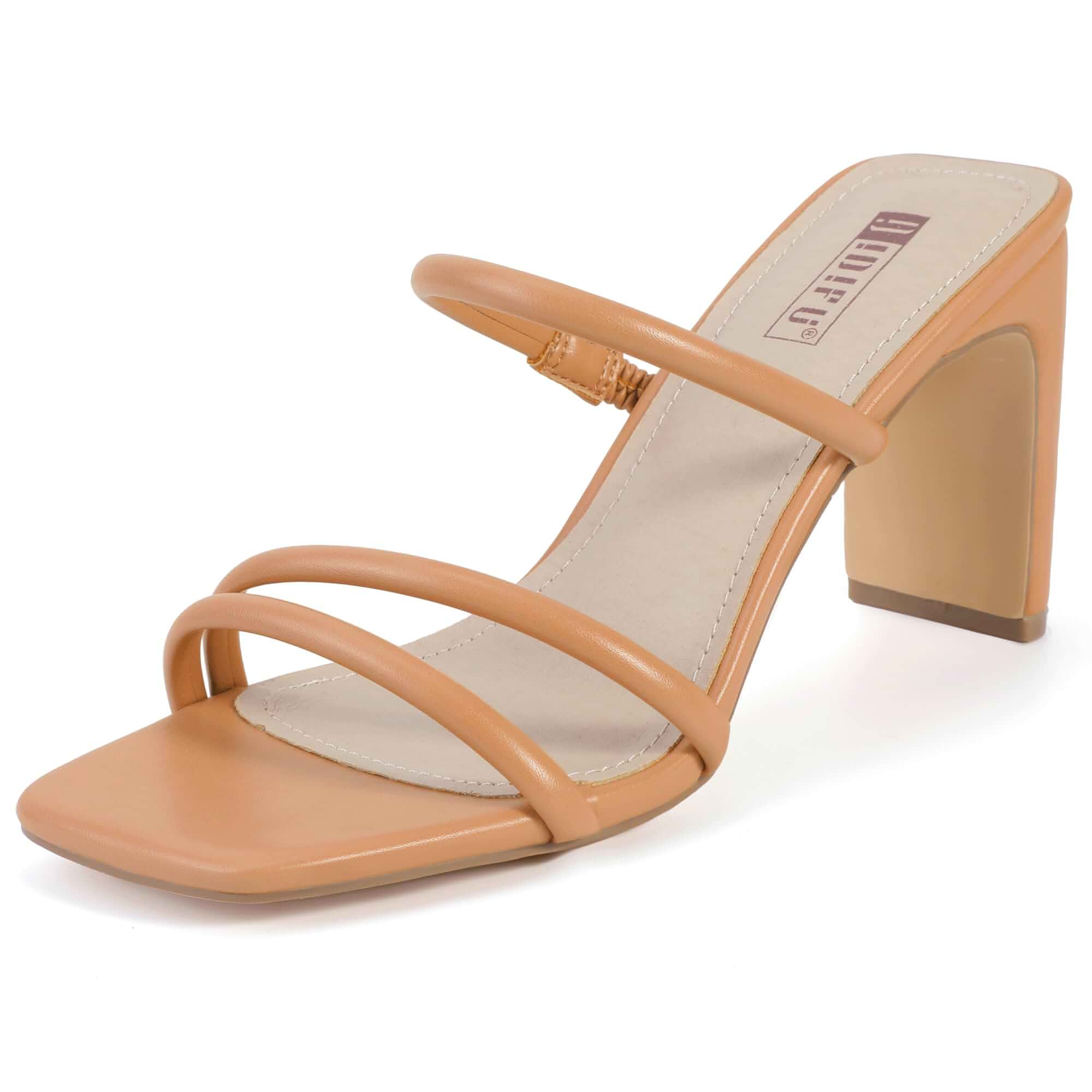 IDIFU IN3 High Heels Strappy Square Toe Chunky Heel Three Strap Slip On Heels Comfortable Slides Block Heeled Sandals Sexy Wedding Party Dress Shoes Open Toe Mules for Women