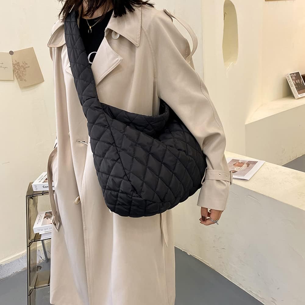 YFGBCX Quilted Tote Bags for Women Lightweight Quilted Padding Shoulder Bag Down Cotton Padded Large Tote Bags Lattice Crossbody Bag Zip Closure, B01-black
