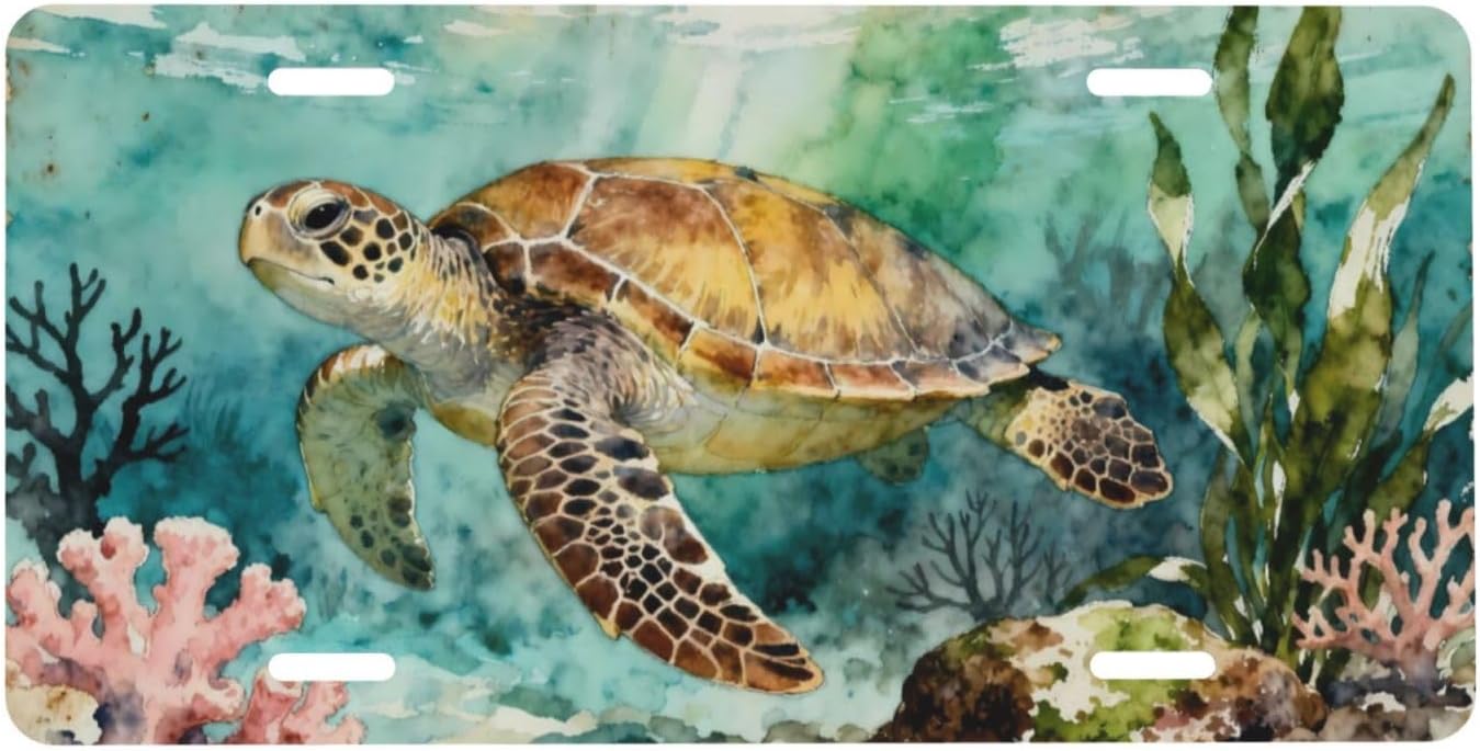 Sea Turtle Coral Seaweed Seabed Front License Plate Car Decorative License Plates Aluminum Metal Decor Accessory Novelty Vanity Tag Cover with 4 Holes for Men Women 6" X 12"