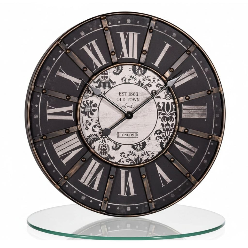 Mucola Wanduhr XXL lautlos Vintage römische Ziffern 60 cm Metall Schwarz