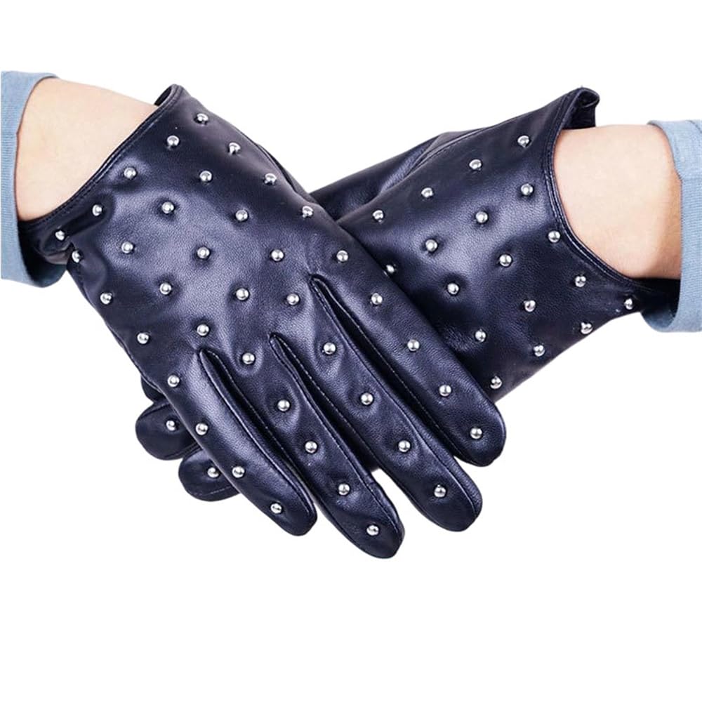Unisex krótkie skórzane zimowe ciepłe nity zdobione rękawiczki | Dekoracja powierzchni nitowej, krótki krój na nadgarstek, struktura pełnego palca, solidna tkanina skórzana.