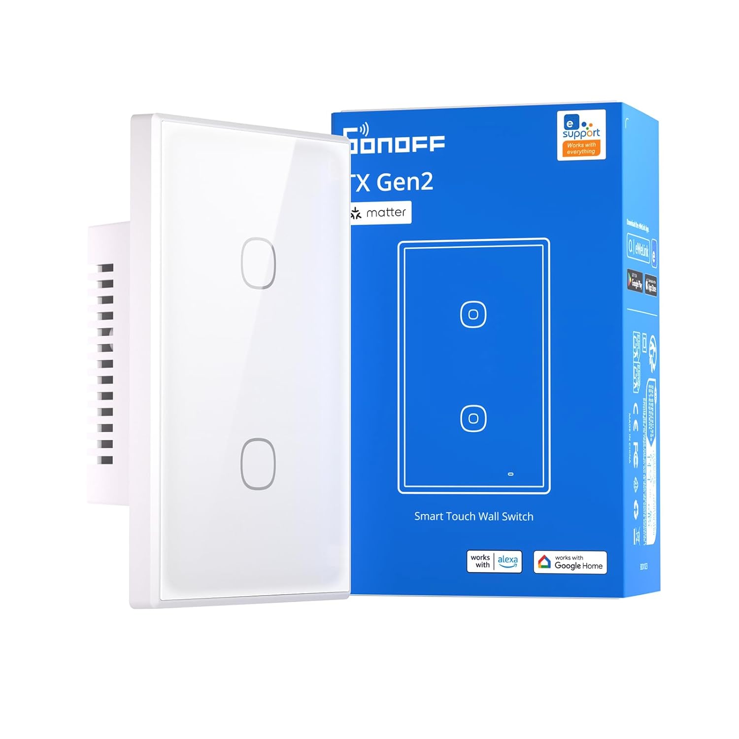 SONOFF TX Gen2 Smart Wall Touch Switch, 2-Channel 120-Type Panel, Zero-Live Wire Power, 2.4GHz Wi-Fi & eWeLink App, Matter & Alexa Compatible - T6-2C-120M