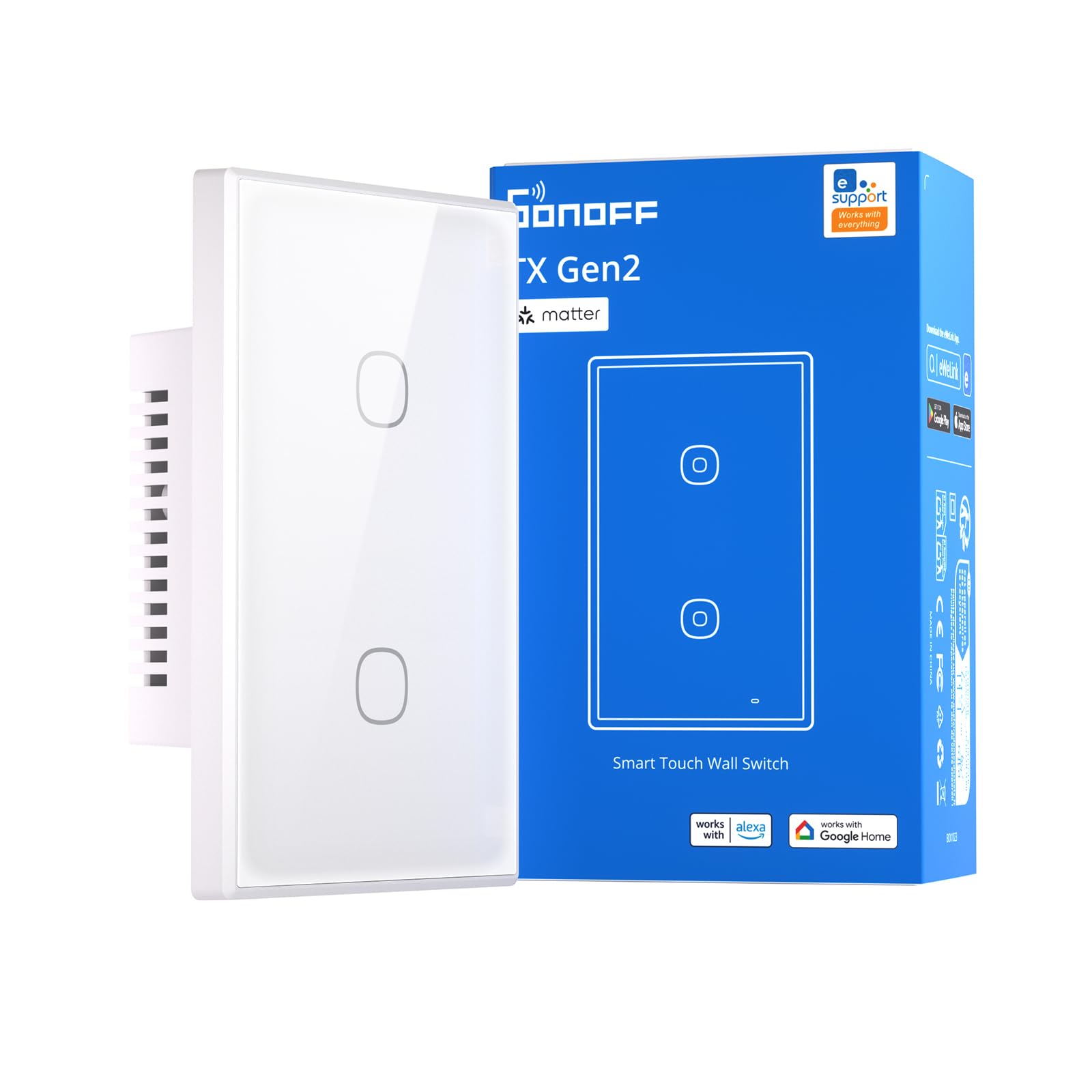 SONOFF TX Gen2 - Interruptor táctil inteligente de pared, panel de 2 canales de 120 tipos, alimentación de cable sin vivo, Wi-Fi de 2.4 GHz y aplicación eWeLink, compatible con Matter y Alexa, T6-2C