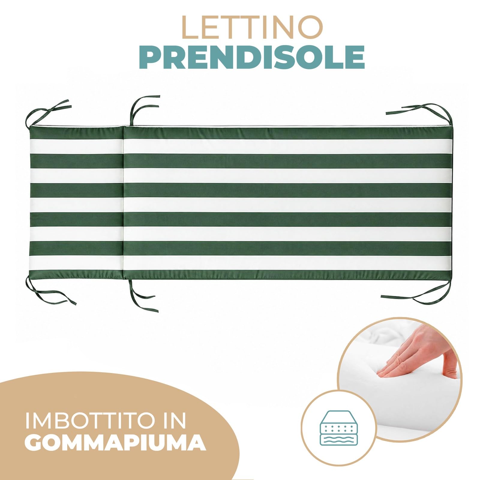 PARAMAISON Cuscino Lettino Prendisole 60x190 cm, Materassino per Lettino Giardino e Piscina, Imbottito 3 cm, con Laccetti Antiscivolo, Universale per Sdraio Esterno |Riga Verde