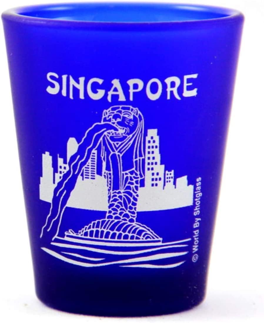 Singapore Merlion Fountain Cobalt Blue Frosted Shot Glass
