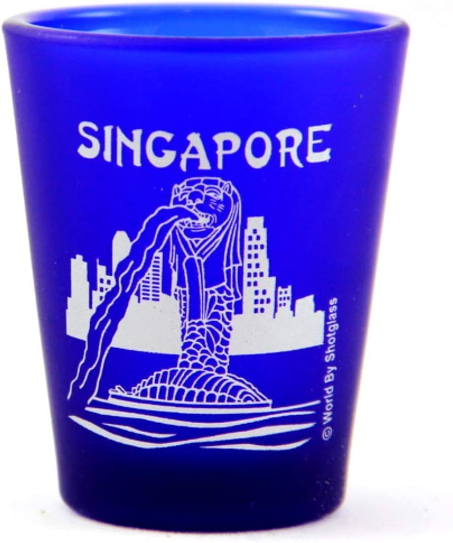 World By Shotglass Singapore Merlion Fountain Cobalt Blue Frosted Shot Glass