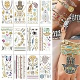 12 Feuilles Temporaires Tattoos Tatouages éPhéMèRes MéTalliques Tatouage Paillette Tatouage Ephemere Femme Tatouage MéTallique Avec Plus De 300 ModèLes Pour Femmes Et Filles, 102 × 210mm