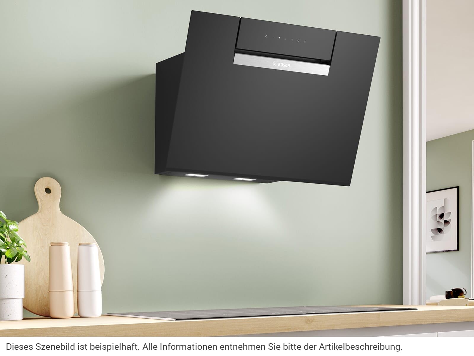 Bosch DWJ67FN60 Série 4 Hotte aspirante intelligente, 60 cm de large, fabriquée en Allemagne, recirculation, moteur silencieux et efficace, contrôlable sur plaque de cuisson, verre transparent, noir
