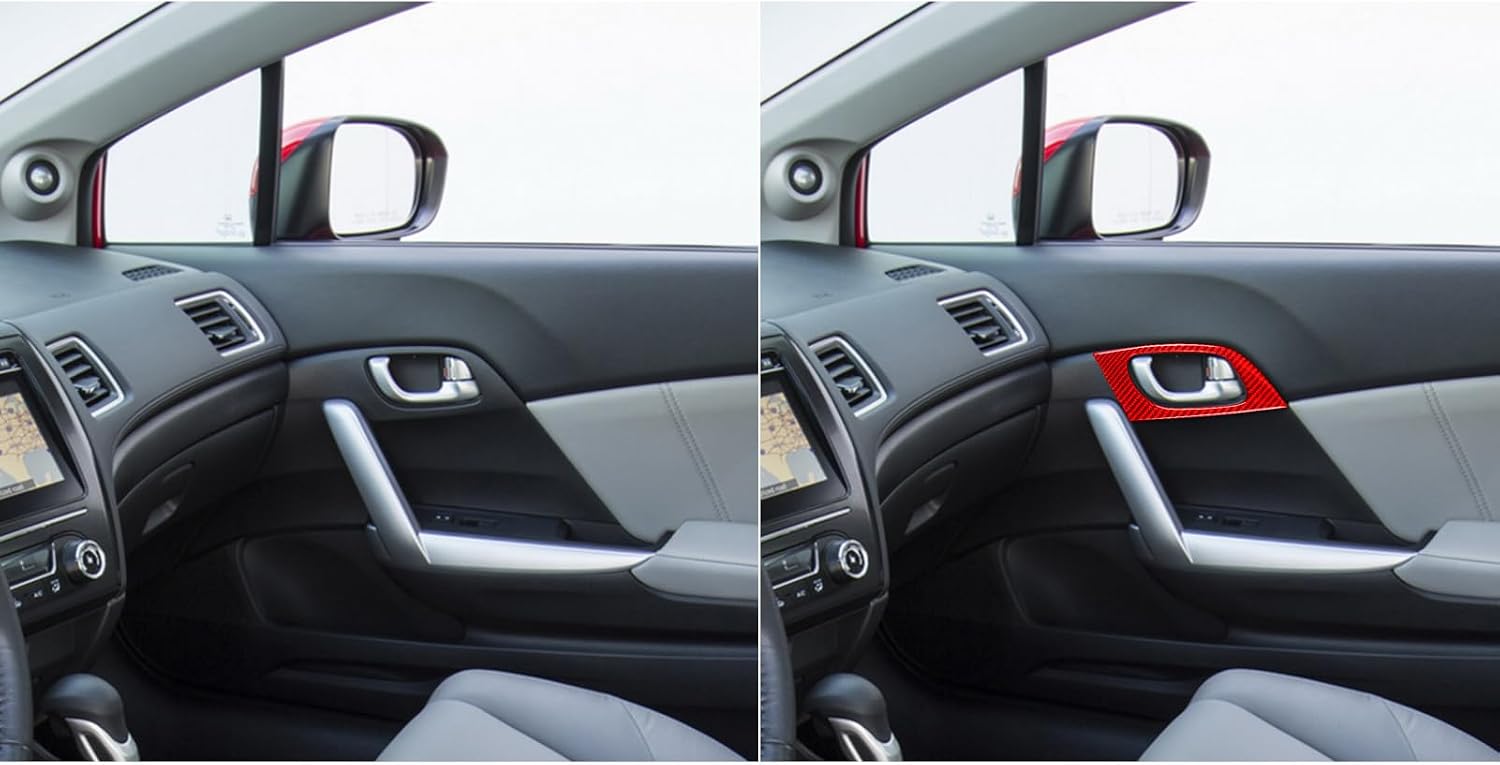 Real Premium 3K Carbon Fiber decals car interior inside door handle trim bezel decorative strip sticker Trim cover Compatible with Honda Civic 9 coupe sedan 2013 2014 2015 Car Interior Accessories Red