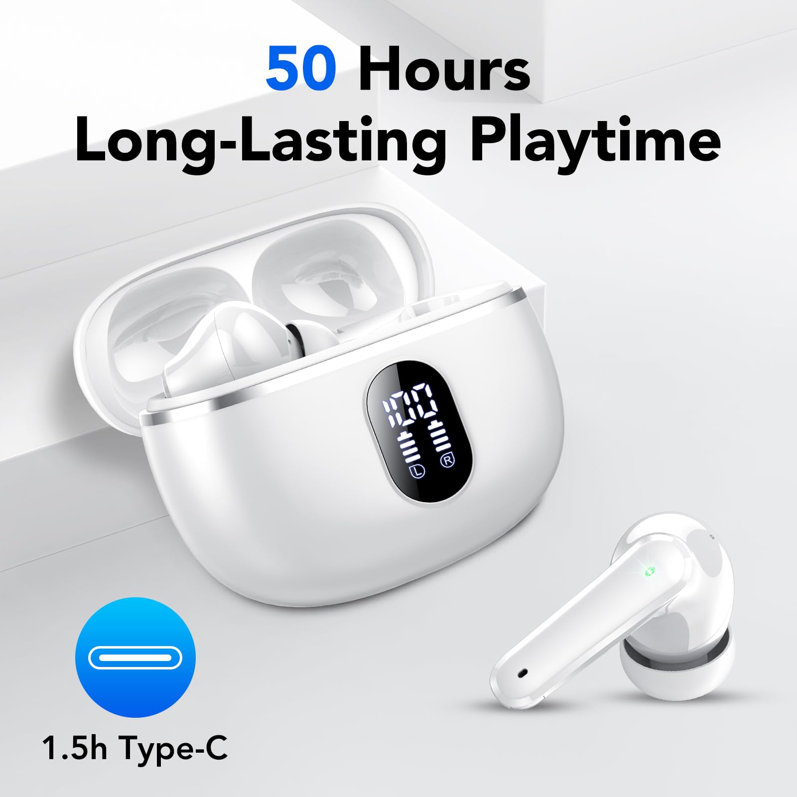 Ecouteurs Bluetooth Sans Fil, 50H Écouteurs Sans Fil Bluetooth 5.4, HiFi Stéréo, Ecouteurs sans Fil avec ENC Mic, IPX7 Étanche Oreillette Bluetooth Sans Fil, Écran LED, Ajustement Confortable（Blanc）
