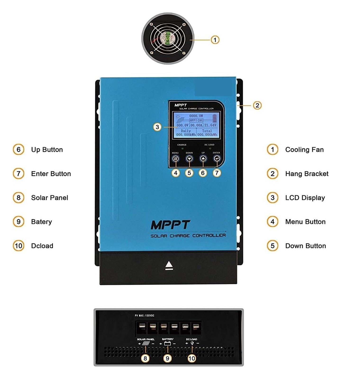 Kontroler ładowania słonecznego 60A MPPT Solar Charge Controller 12V24V48V Auto Battery Regulator Panel Max 150V Input For Lithium Sealed Gel And Flooded(Blauw)