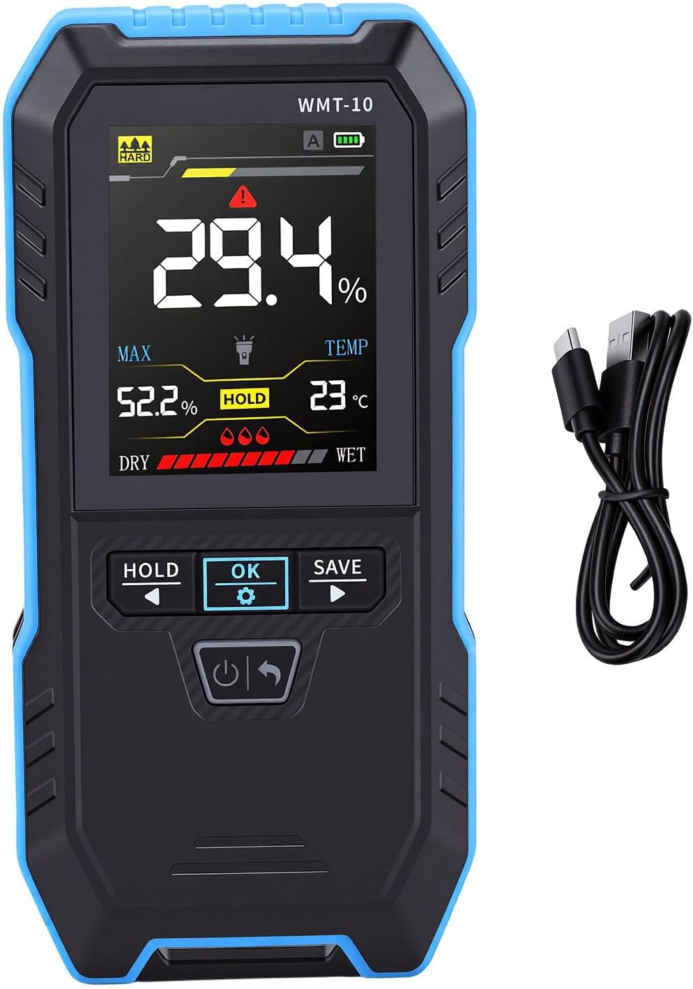 Fafeicy Pinless Humidity Meter Rechargeable Water Content Detector for Wood Drywall Firewall with Flashlight Data Hold Record for Construction Workers Home Renovation