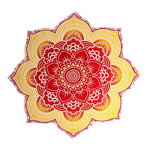 Large Round Lotus Flower Mandala Tapestry - 100% Cotton - Outdoor Beach Roundie - Hippie Gypsy Boho Throw Towel Tablecloth Hanging - Red/Yellow - Floral Circle Design/Shape 72