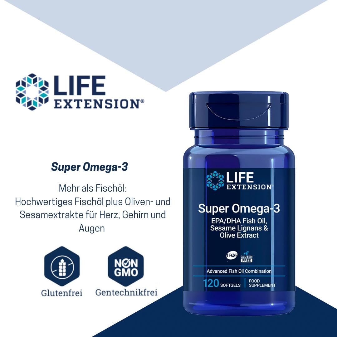 Life Extension - Super Omega-3 EPA/DHA 120 Kapseln - Sesam-Lignane, Olivenextrakt - Hochdosiertes Omega-3 für Herz- & Gehirngesundheit