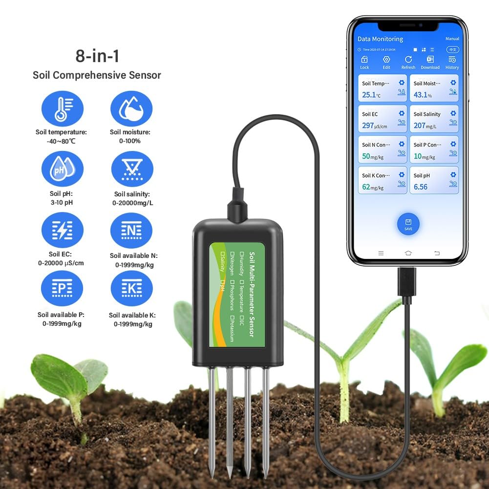 Probador de suelo USB, medidor de humedad del suelo, sensor NPK pH EC 8 en 1 para Android Hongmeng, sonda impermeable IP68 para jardín y granja