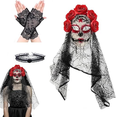 WZBBJuser Máscara de Velo Del Día de Los Muertos, Diadema Mexicana Día de Los Muertos, Contiene Máscara De Novia Fantasma Con Velo, Collar Del Día de Guantes Del Día de Los, para Halloween (Rojo)