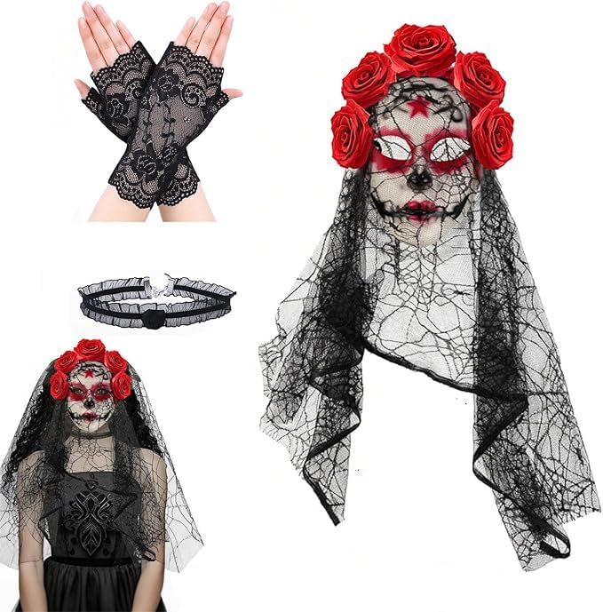 WZBBJuser Máscara de véu do Dia dos Mortos, diadema mexicana dia dos mortos, contém máscara de namorada fantasma com véu, colar do dia de luvas do dia dos luvas, para o Halloween (vermelho)