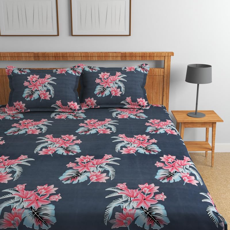 Image of Florida Elastic Fitted Bedsheet for Double Size Bed with Pillow Covers and Made of Cotton with Floral Print